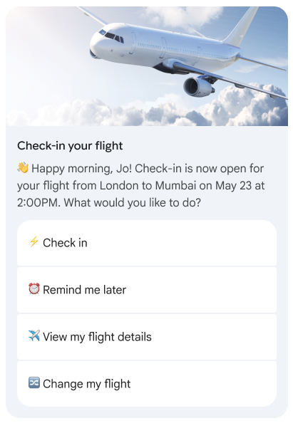 Begrüßungsnachricht mit Check-in-Details und Antwortvorschlägen