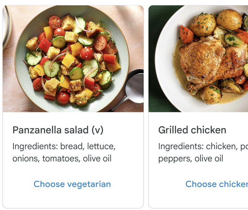 Rich card carousel shows two cards: one with an image of a salad and another with an image of roast chicken. Both cards have an ingredients list and a suggestion to choose that meal