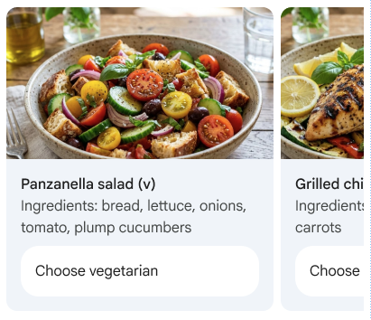 Rich card carousel shows two cards: one with an image of a salad and another with an image of roast chicken. Both cards have an ingredients list and a suggestion to choose that meal