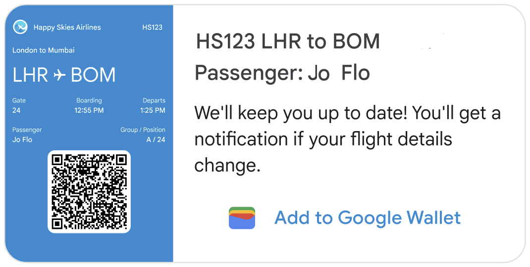 リッチカードには、QR コードとフライトの詳細が記載された搭乗券の画像が表示されます。カードのテキストには、「最新の情報をお知らせします。フライトの詳細が変更されると、通知が届きます。カードに表示された [Google ウォレットに追加] というメッセージ