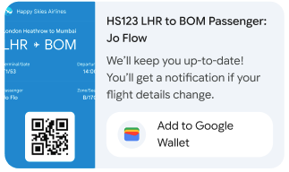 La scheda avanzata mostra un'immagine della carta d'imbarco con un codice QR e i dettagli del volo. Il testo sulla scheda recita: Ti terremo aggiornato. Riceverai una notifica se i dettagli del volo cambiano. Un suggerimento sulla carta indica Aggiungi a Google Wallet.