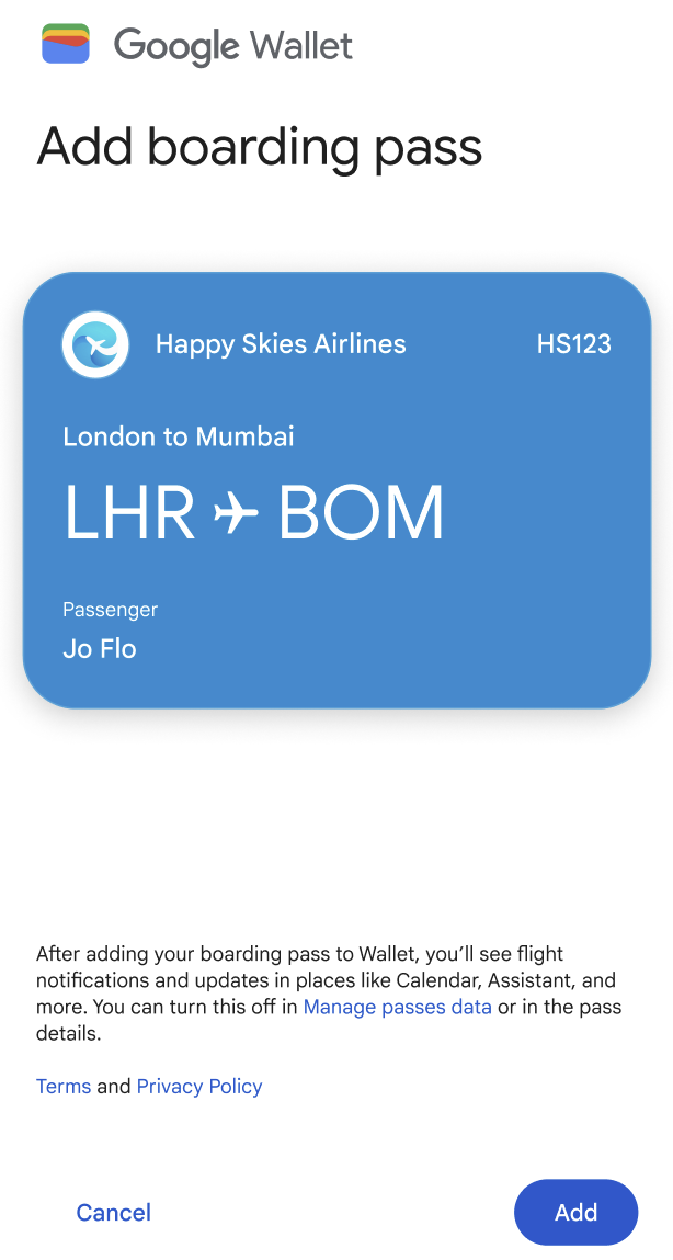 Wallet app shows a simplified boarding pass and a button that says Add.