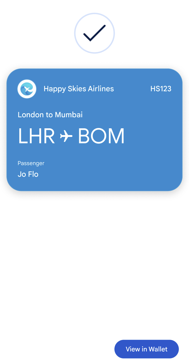 Une coche s'affiche au-dessus de la carte. Le bouton "Afficher dans Google Wallet" s'affiche.