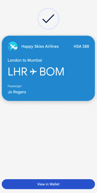 Check mark displays above the pass. Button to View in Google Wallet appears.