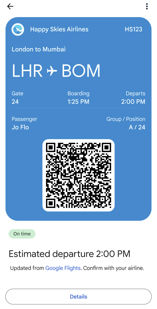 Boarding pass with all the flight details and QR code