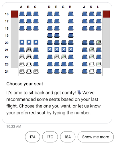 座席マップのインフォグラフィックがあるリッチカード。カードには「座ってリラックスできます」と書かれています。おすすめのフライトは、お客様の過去のフライトに基づいて推奨されています。ご希望の席を選択するか、番号を入力してご希望の座席をお知らせください。カードの下の候補には、座席の選択肢がいくつか表示されます