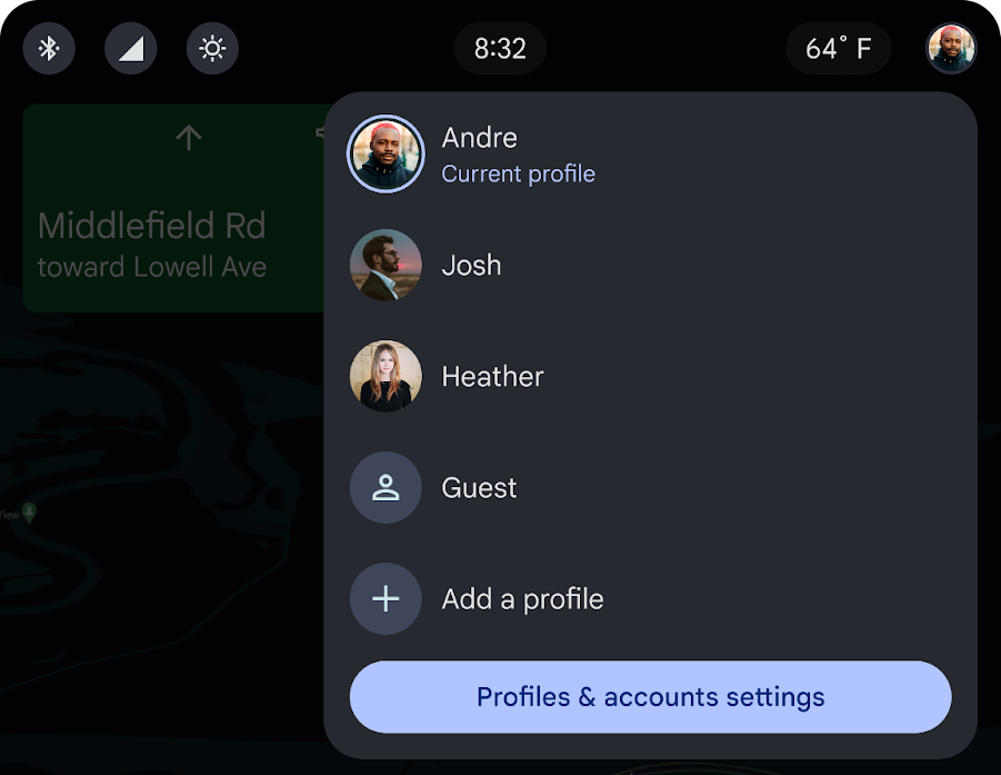 Seletor de perfil com menu de perfil