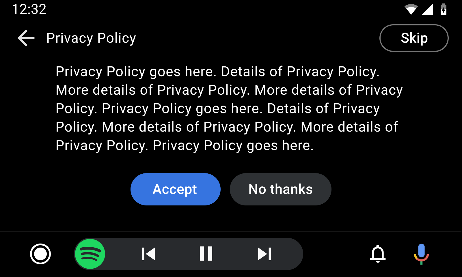 Mock-up of Long Message template with sample privacy policy