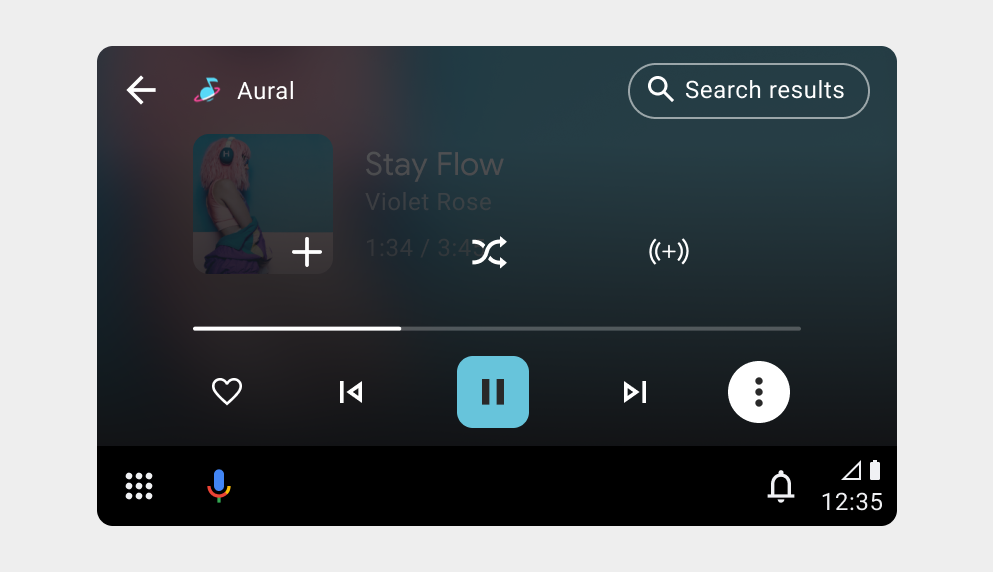 Modelo de app de mídia durante a reprodução de mídia com sobreposição de overflow