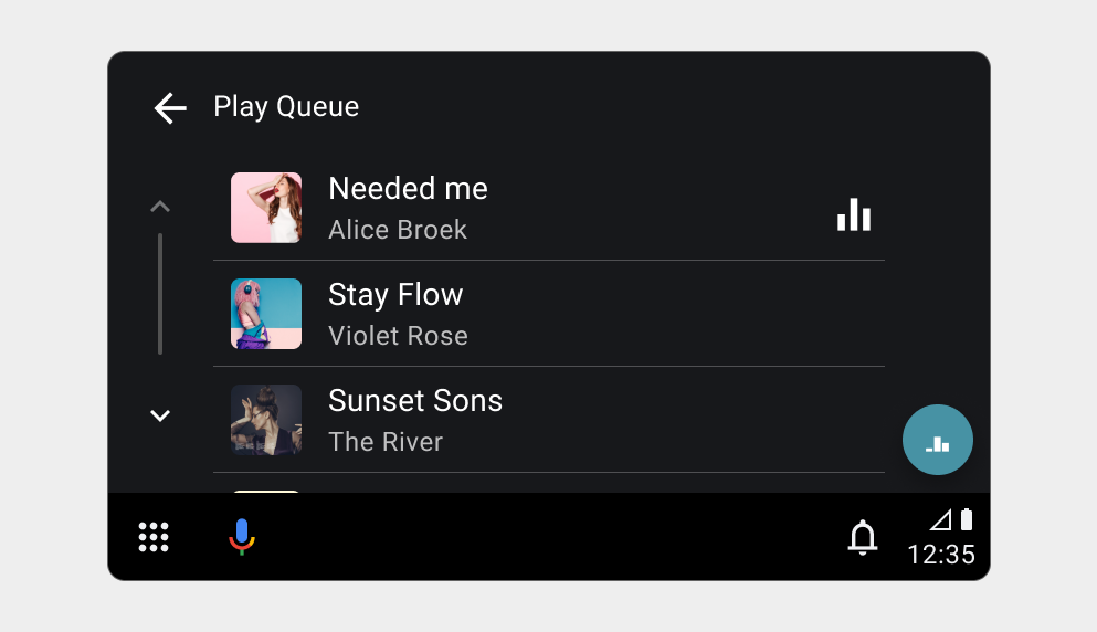 Modelo de app de música mostrando a lista de filas com arte do álbum