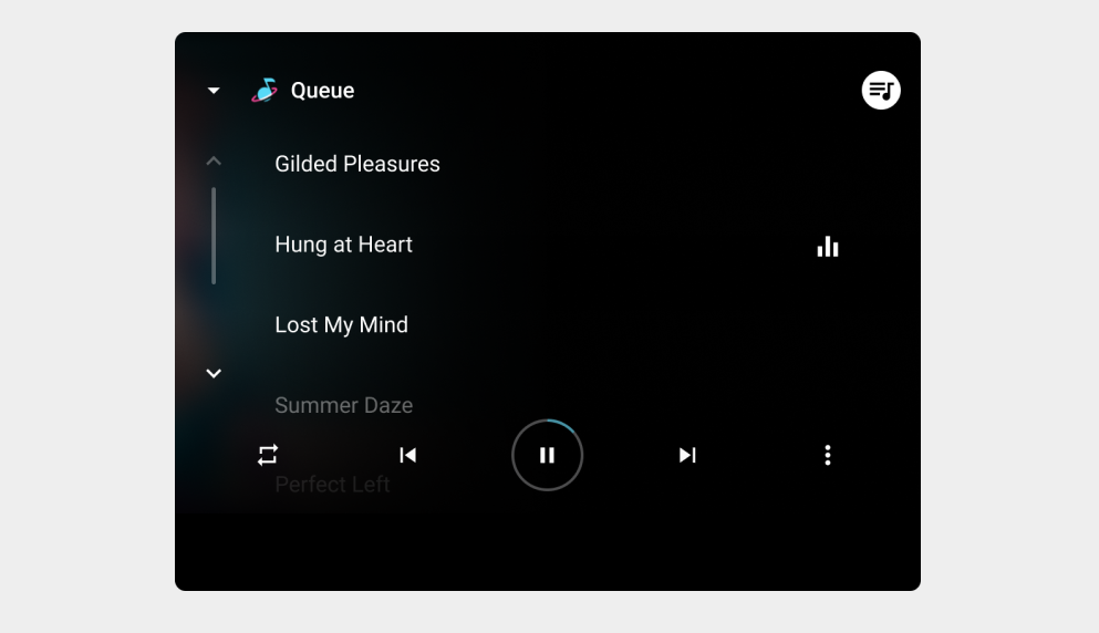 Mockup of media app displaying queue list with playback controls