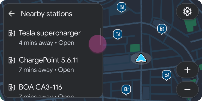 地図 + コンテンツ テンプレート(充電場所のリストを含むリストが埋め込まれている)