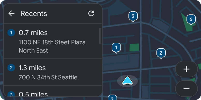 Modèle Carte + Contenu avec modèle de liste avec trois destinations et un bouton d'actualisation