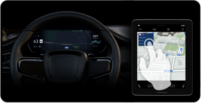 模擬儀表板畫面和車用車用運算主機的模擬畫面；使用者輕觸目的地