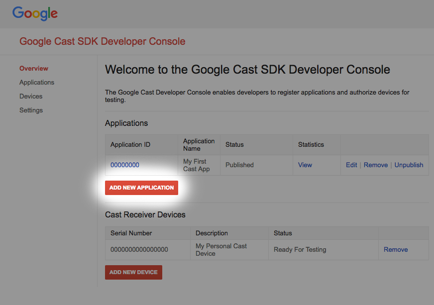 Obraz konsoli programisty Google Cast SDK z wyróżnionym przyciskiem „Dodaj nową aplikację”