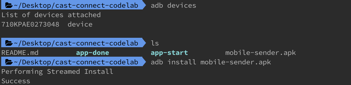 Gambar jendela terminal yang menjalankan perintah adb install untuk menginstal mobile-sender.apk
