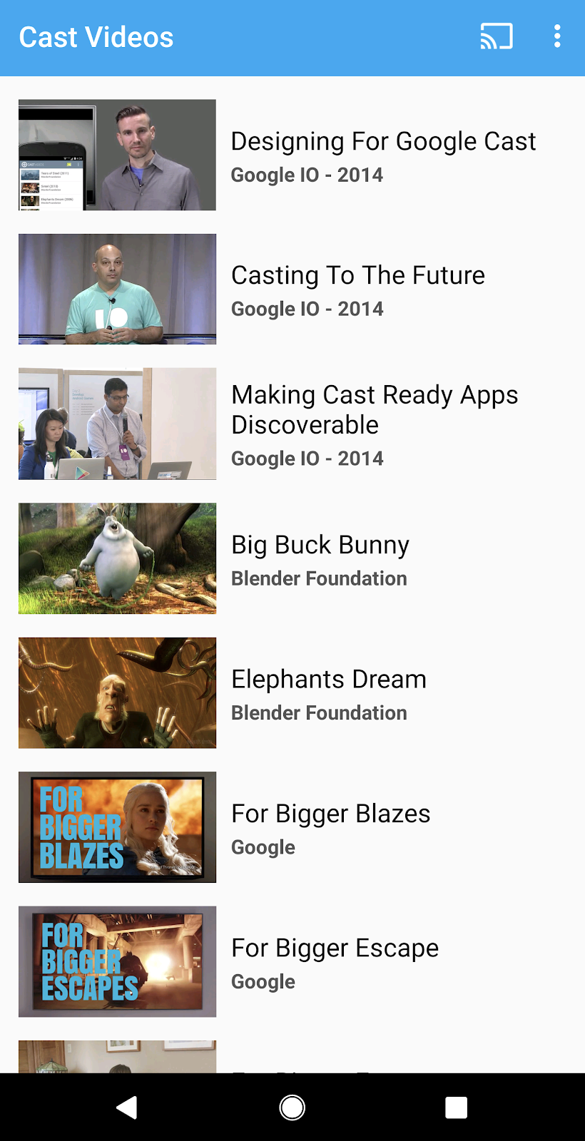 Android スマートフォンの画面で実行されている Cast 動画送信者アプリの画像