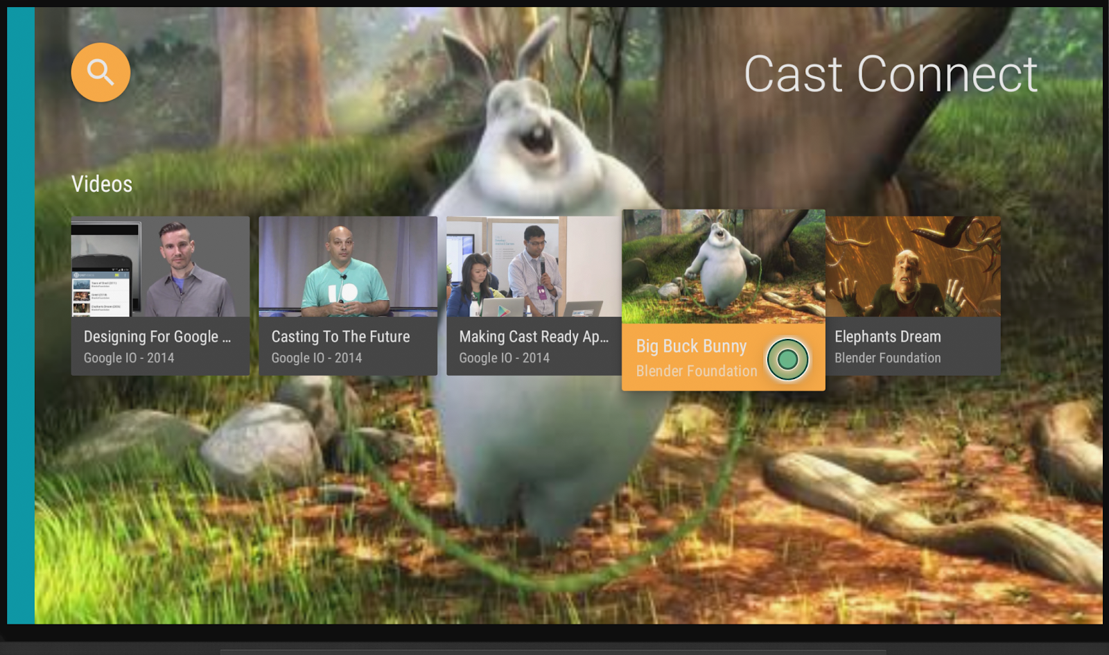 動画の全画面表示のプレビューに重ねて表示される一連の動画サムネイル（そのうちの 1 つがハイライト）の画像。&#39;Cast Connect&#39; が右上に表示されます。