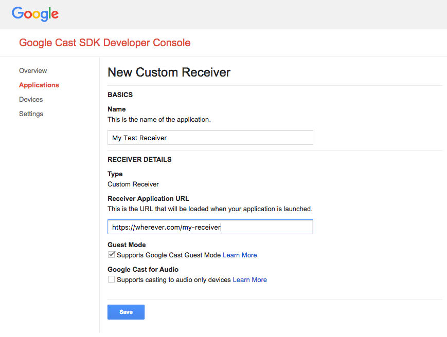 Image of the 'Receiver Application URL' field on the 'New Custom Receiver' dialog being filled out