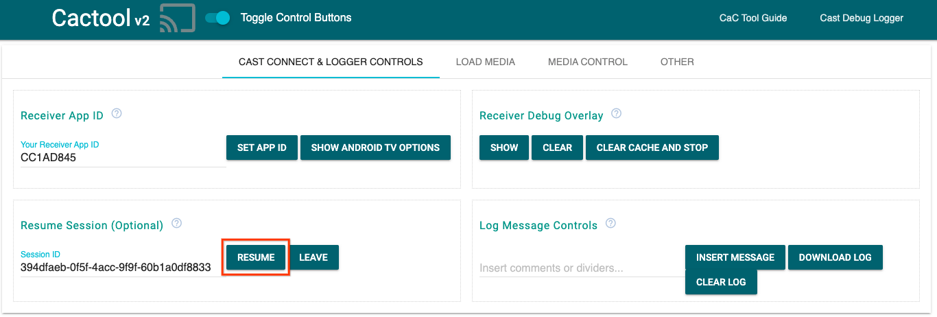 Image de l'onglet "Cast Connect & Logger Controls" de l'outil Command and Control (CaC) pour reprendre la session