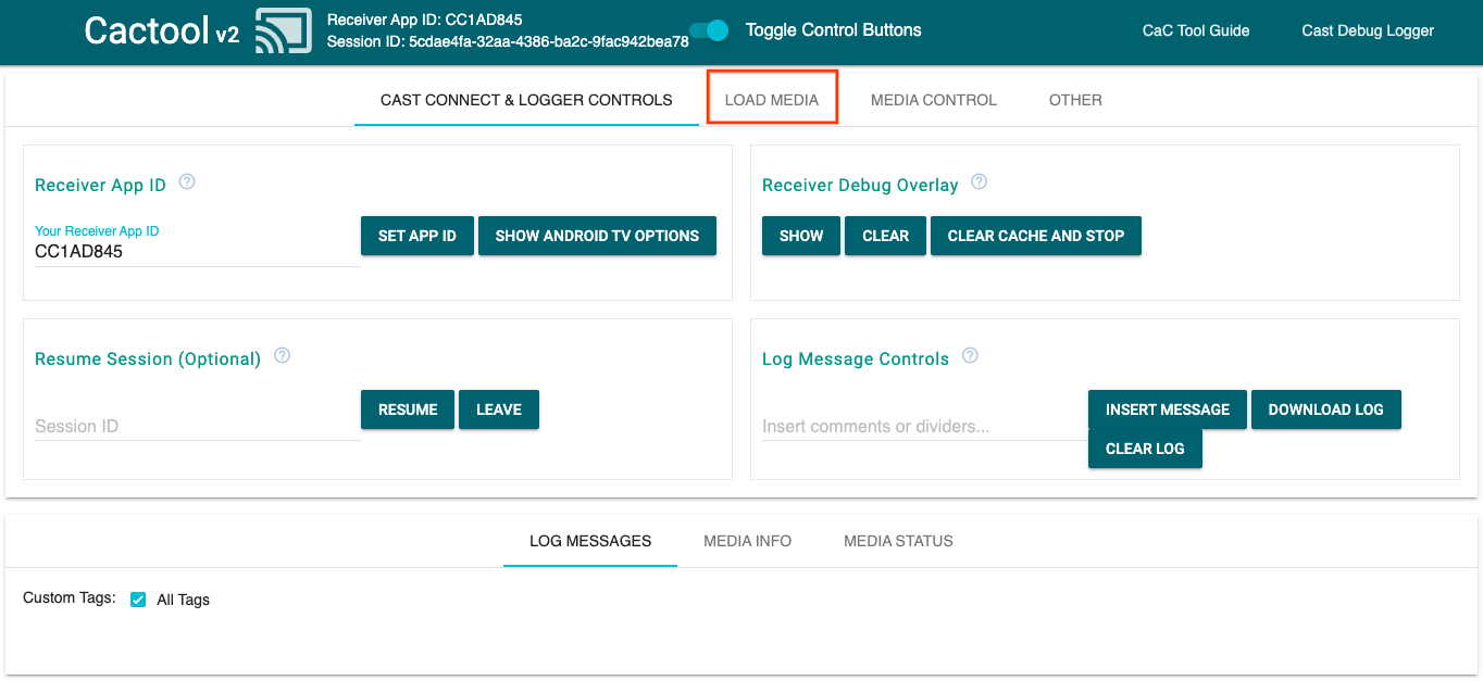 レシーバー アプリに接続されているコマンド アンド コントロール（CaC）ツールの [Cast Connect & Logger Controls] タブの画像