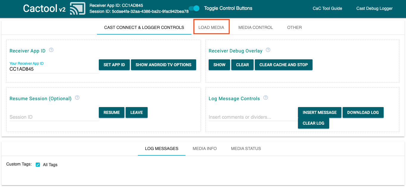 Image de l&#39;onglet &quot;Cast Connect & logs Controls&quot; de l&#39;outil Command and Control (CaC) indiquant qu&#39;il est connecté à une application réceptrice