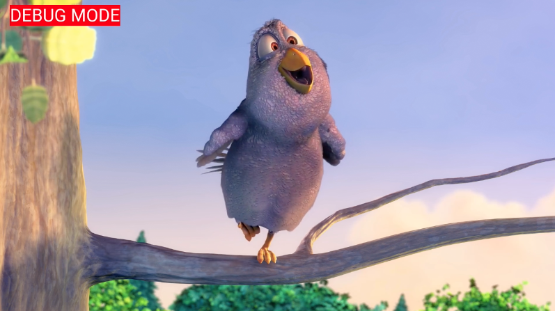 Imagen de un video en reproducción con el mensaje “MODO DE DEBUG” que aparece sobre un fondo rojo en la esquina superior izquierda del fotograma