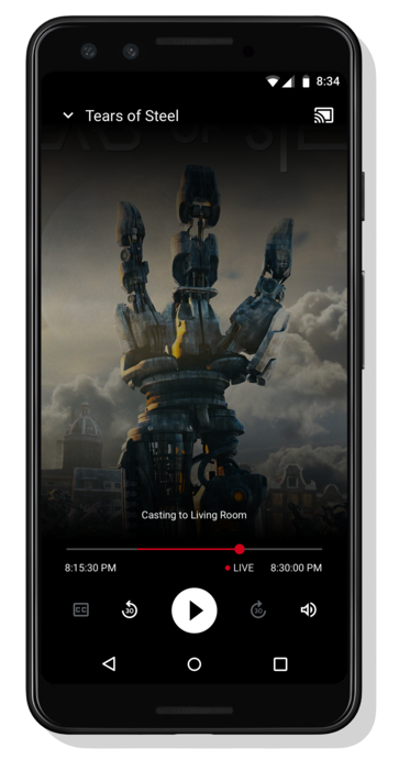 Image of an Android phone playing a video; the message 'Casting to Living Room' appears at the bottom, just above a set of video player controls