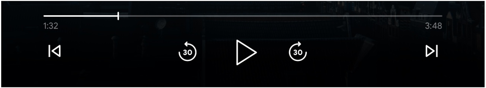Obraz elementów sterujących odtwarzaczem: przycisk postępu, przycisk „Odtwórz”, „Przeskocz do przodu” i „Pomiń do tyłu” oraz przyciski „Poprzednia” i „Kolejka” są włączone
