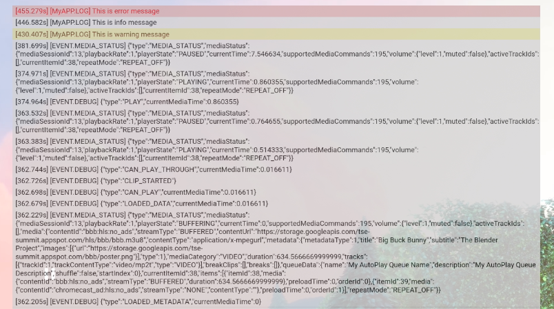 Imagem mostrando a sobreposição de depuração, uma lista de mensagens de registro da depuração em um segundo plano translúcido sobre um frame de vídeo