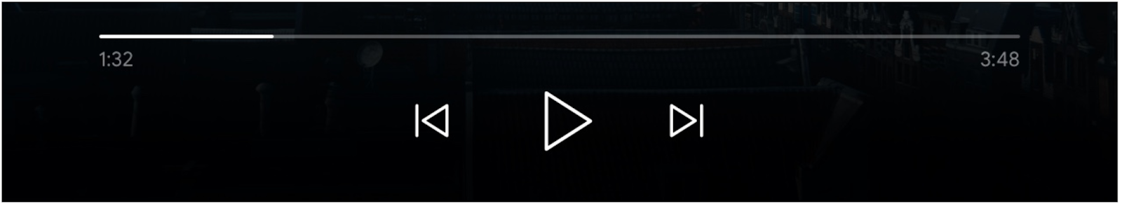 Imagen de los controles del reproductor multimedia: barra de progreso, botón “Reproducir” y los botones “Cola anterior” y “A continuación” habilitados
