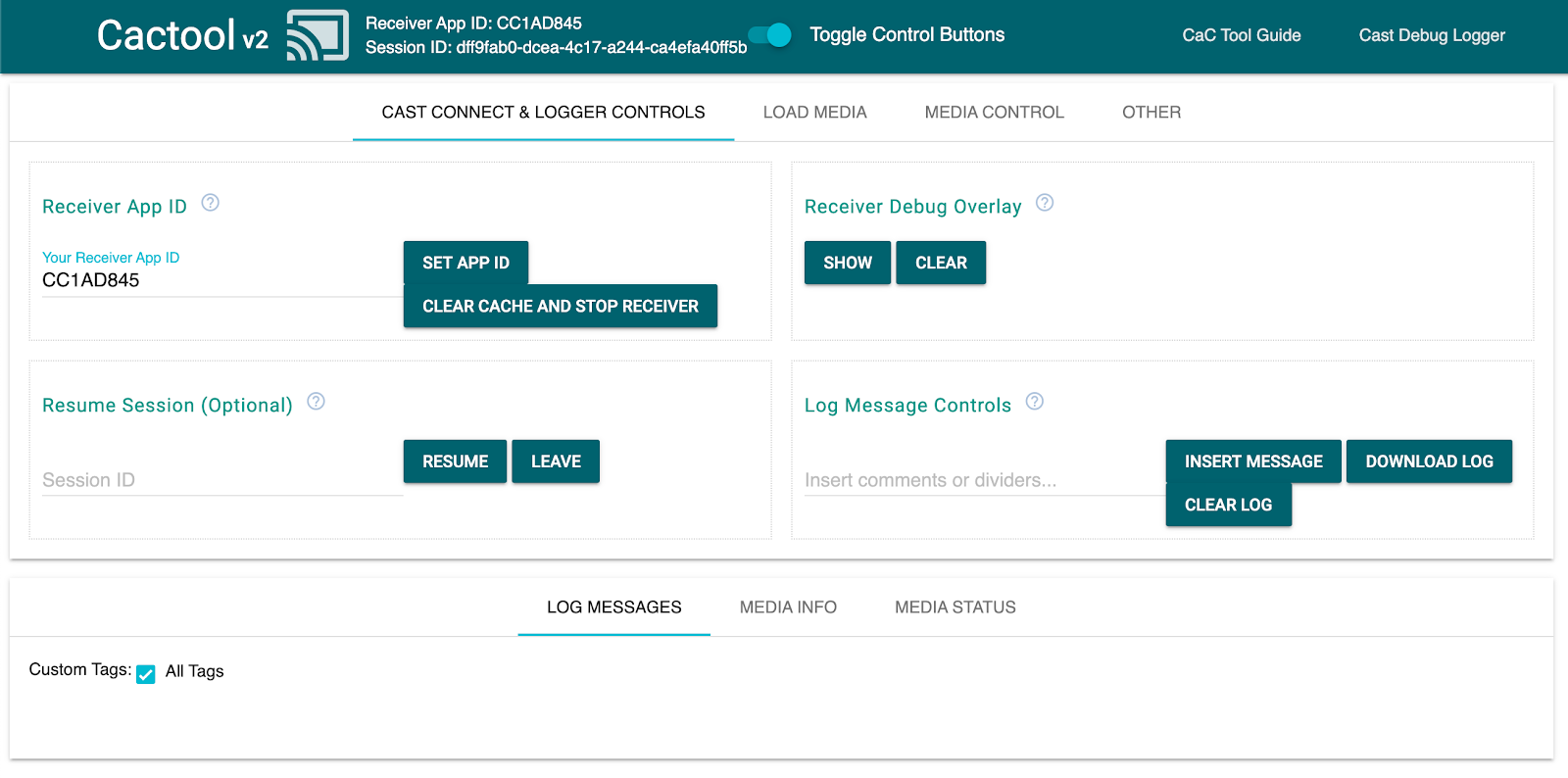 Image de l&#39;onglet &quot;Cast Connect & logs Controls&quot; de l&#39;outil Command and Control (CaC) indiquant qu&#39;il est connecté à une application réceptrice