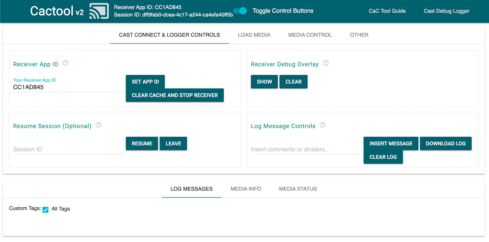 「指令與控制」(CaC) 工具的「Cast Connect & Logger Controls」分頁圖片，顯示已連線至接收端應用程式