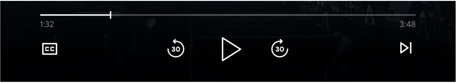 Image des commandes du lecteur multimédia : barre de progression, boutons "Lecture", "Avancer" et "Reculer", boutons "Mettre en file d'attente le précédent" et "Mettre en file d'attente le suivant", et boutons "Sous-titres" activés