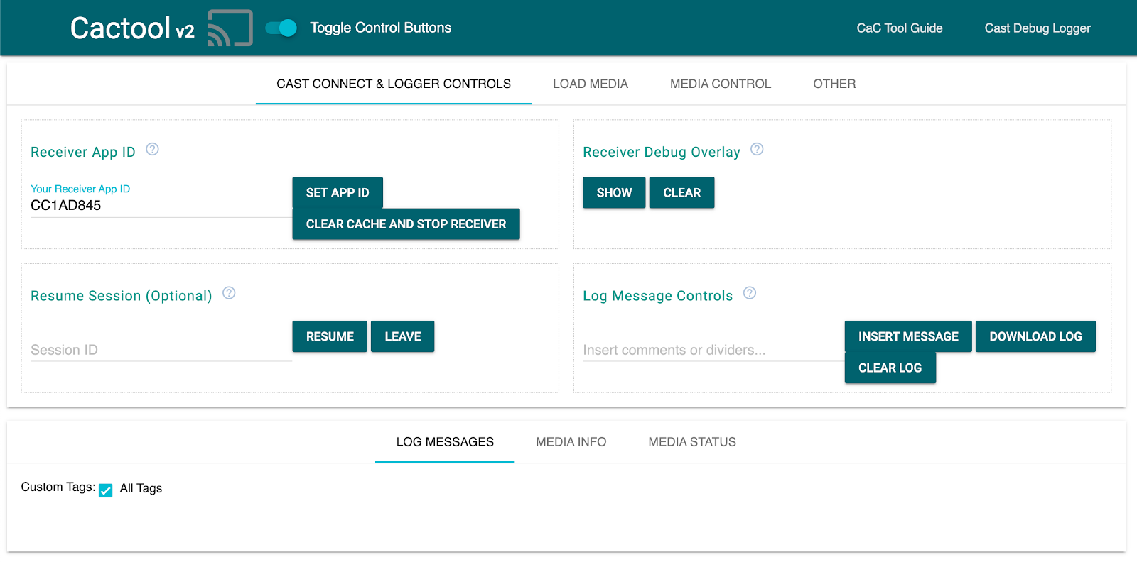 Image de l&#39;onglet &quot;Cast Connect & Logs Controls&quot; (Commandes de connexion et du journal de diffusion) de l&#39;outil Command and Control (CaC)