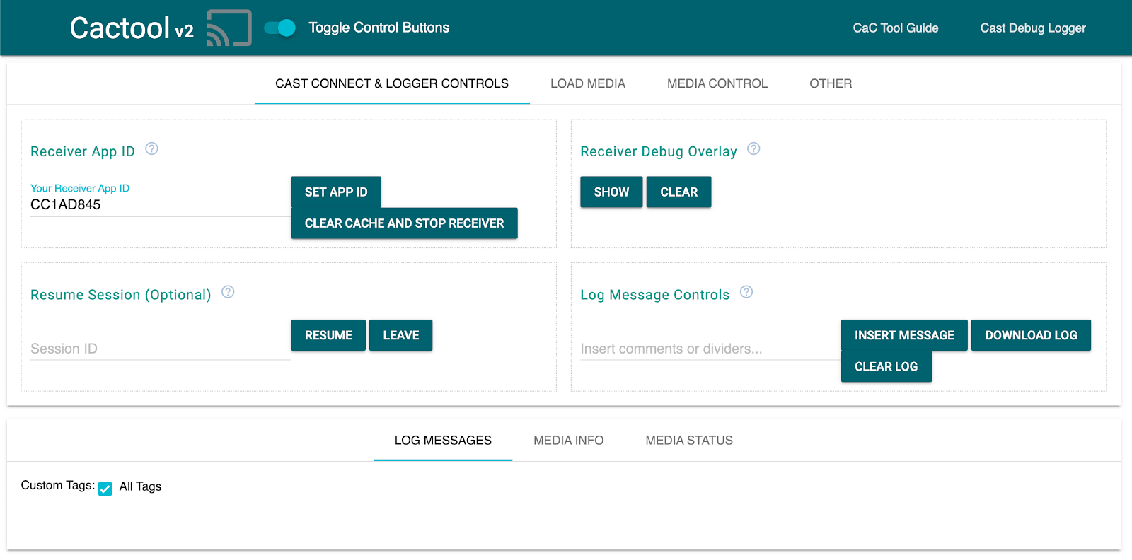 Gambar &#39;Cast Connect & Logger Controls&#39; tab Alat Command and Control (CaC)