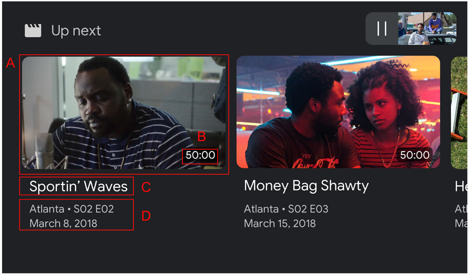 Image de l'interface utilisateur BrowseContent montrant deux miniatures de vidéos et une partie d'une troisième