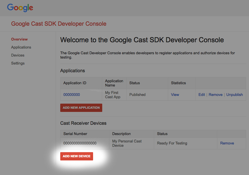 Obraz Konsoli programisty Google Cast SDK z wyróżnionym przyciskiem „Add New Device” (Dodaj nowe urządzenie)