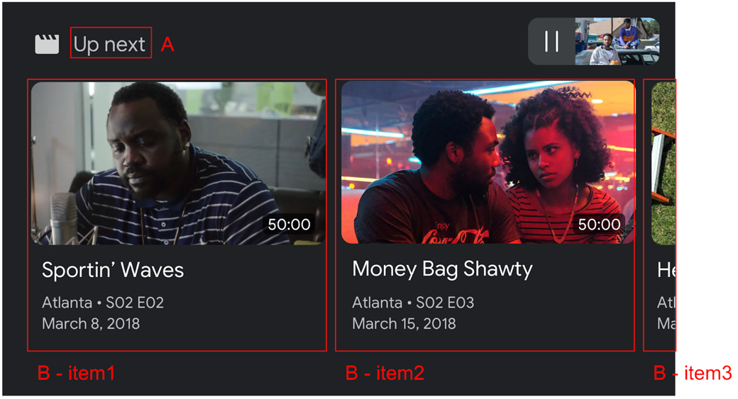 두 개의 동영상 썸네일과 세 번째 동영상의 일부를 보여주는 BrowseContent UI 이미지