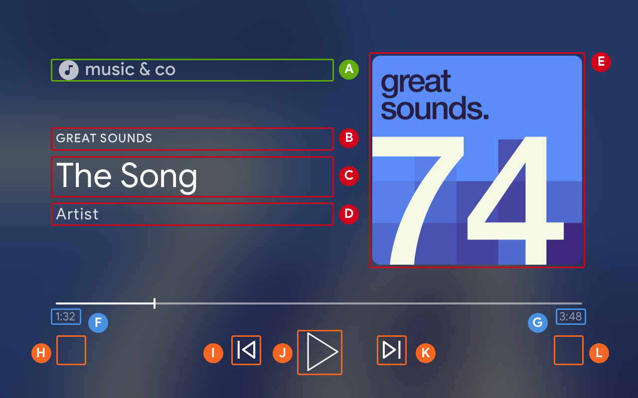 صورة لموسيقى يتم تشغيلها مع عناصر تحكّم في واجهة المستخدم تظهر أعلاها