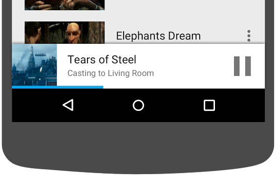 Ilustración de la parte inferior de un teléfono Android que muestra el reproductor en miniatura en la app de Cast Videos