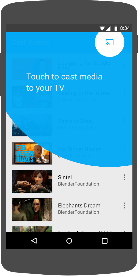 इलस्ट्रेशन में, Cast Videos Android ऐप्लिकेशन के कास्ट बटन के चारों ओर शुरुआती कास्ट ओवरले दिखाया गया है