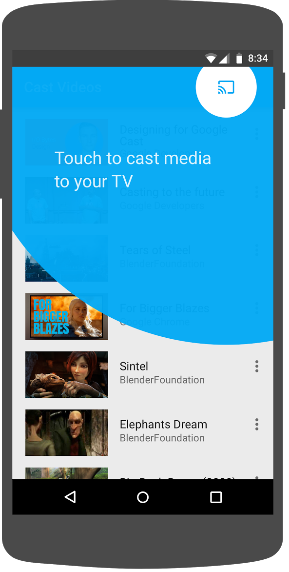 Illustration montrant l'overlay Cast d'introduction autour de l'icône Cast dans l'application Android Cast Videos