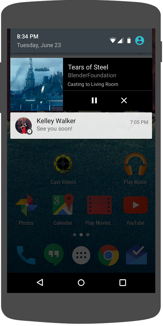 Иллюстрация телефона Android, демонстрирующая элементы управления воспроизведением в области уведомлений.