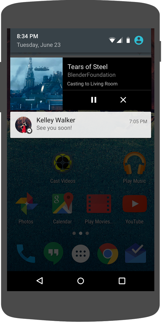Illustration of an Android phone showing media controls in the notifications area