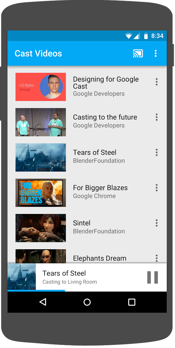 一台运行“Cast Videos”应用的 Android 手机图示，其中迷你控制器显示在屏幕底部