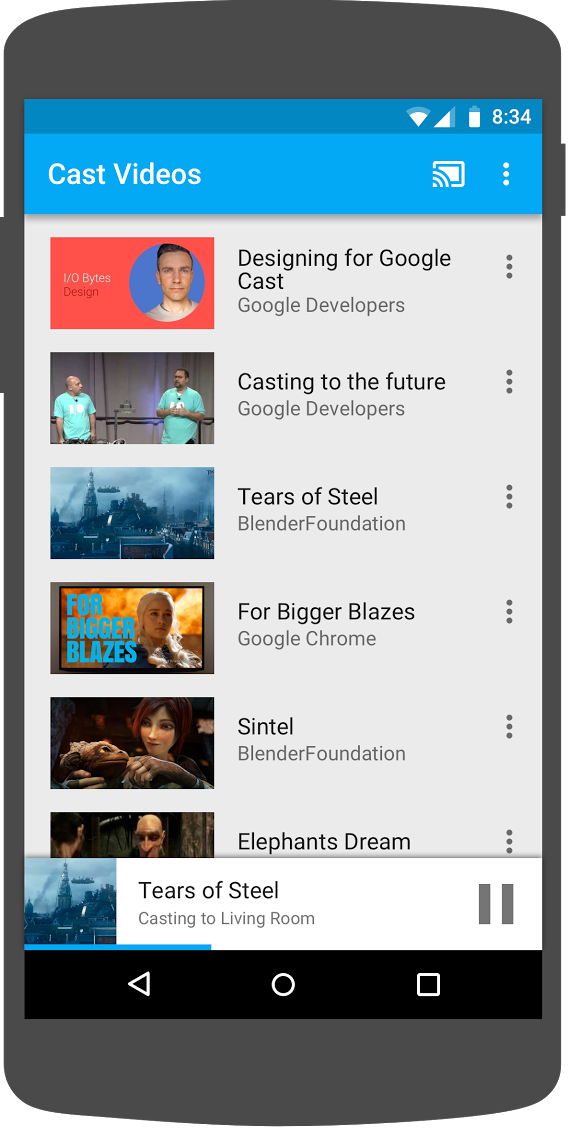 Ilustrasi ponsel Android yang menjalankan aplikasi 'Cast Videos' dengan tiga pengontrol mini yang muncul di bagian bawah layar