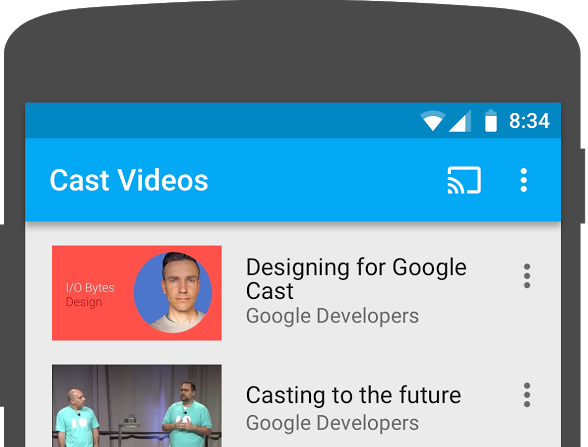 Cast Video アプリが実行されている Android スマートフォンの上面イラスト。画面の右上にキャストボタンが表示されている