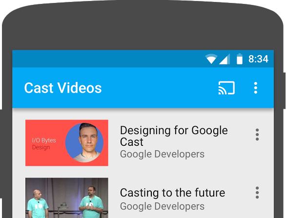 Illustration de la partie supérieure d'un téléphone Android avec l'application Cast Video en cours d'exécution ; le bouton "Caster" apparaît en haut à droite de l'écran.