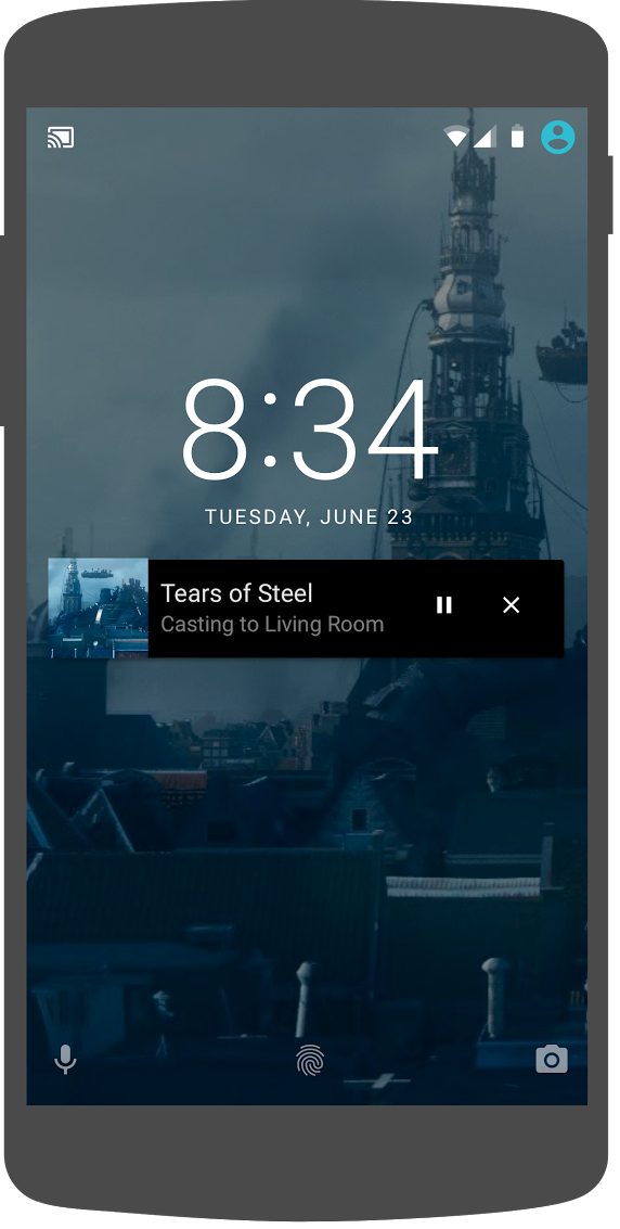 Hình minh hoạ về một chiếc điện thoại Android có các nút điều khiển nội dung nghe nhìn trên màn hình khoá
